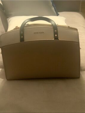Anne Klein Two-Tone Dome Satchel in Cream & Brown with Black Handles
